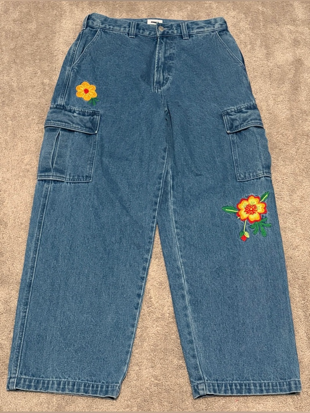 Obey Jeans Mens 30 Blue Denim Cargo Baggy Fit Embroidered Flower Measured 32x30